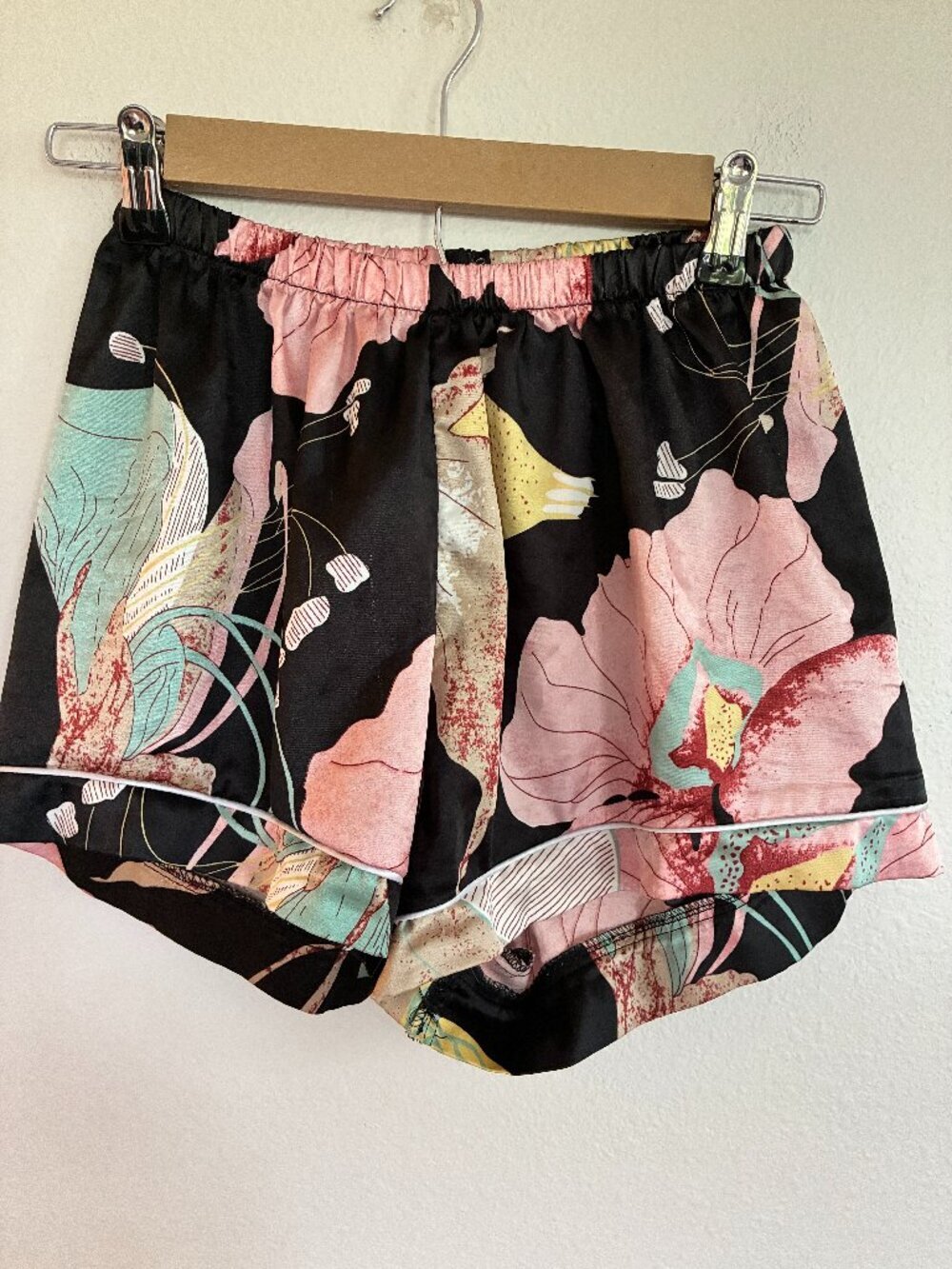 Vintage Satin Pajama Shorts Black Pink Floral Elastic Waist